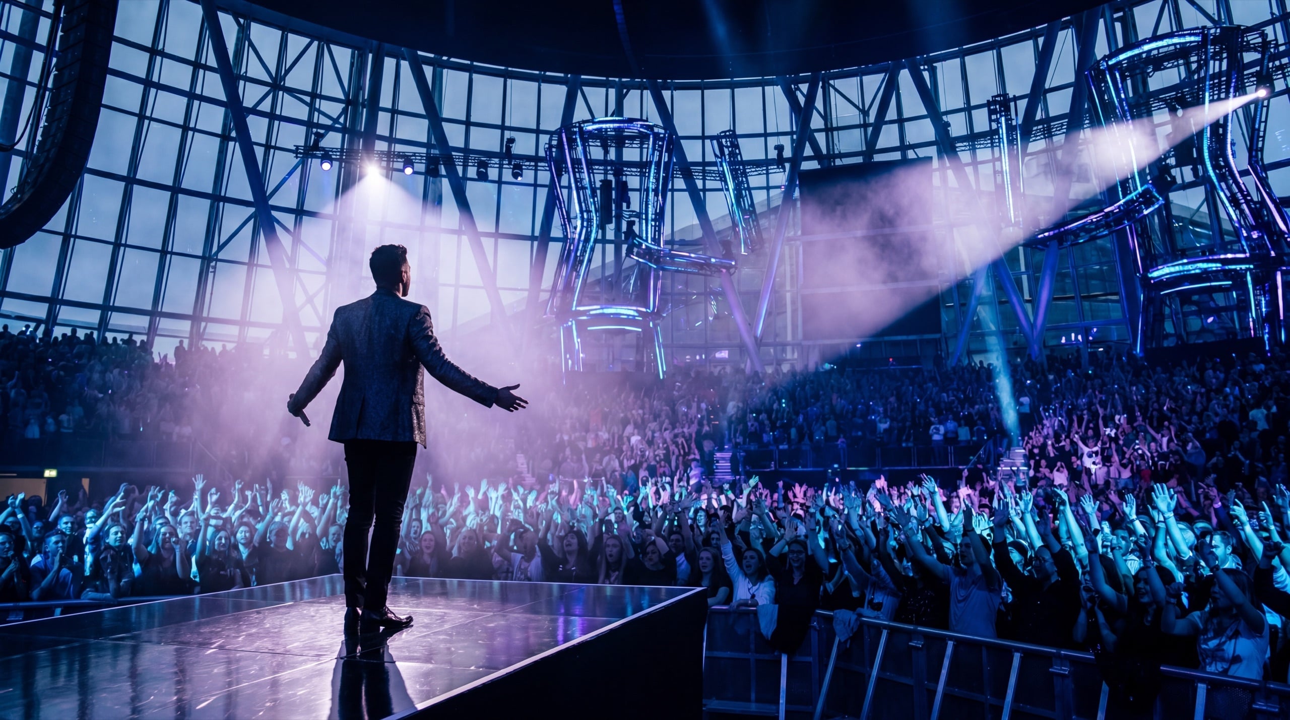 Artist performing in front of a packed arena crowd